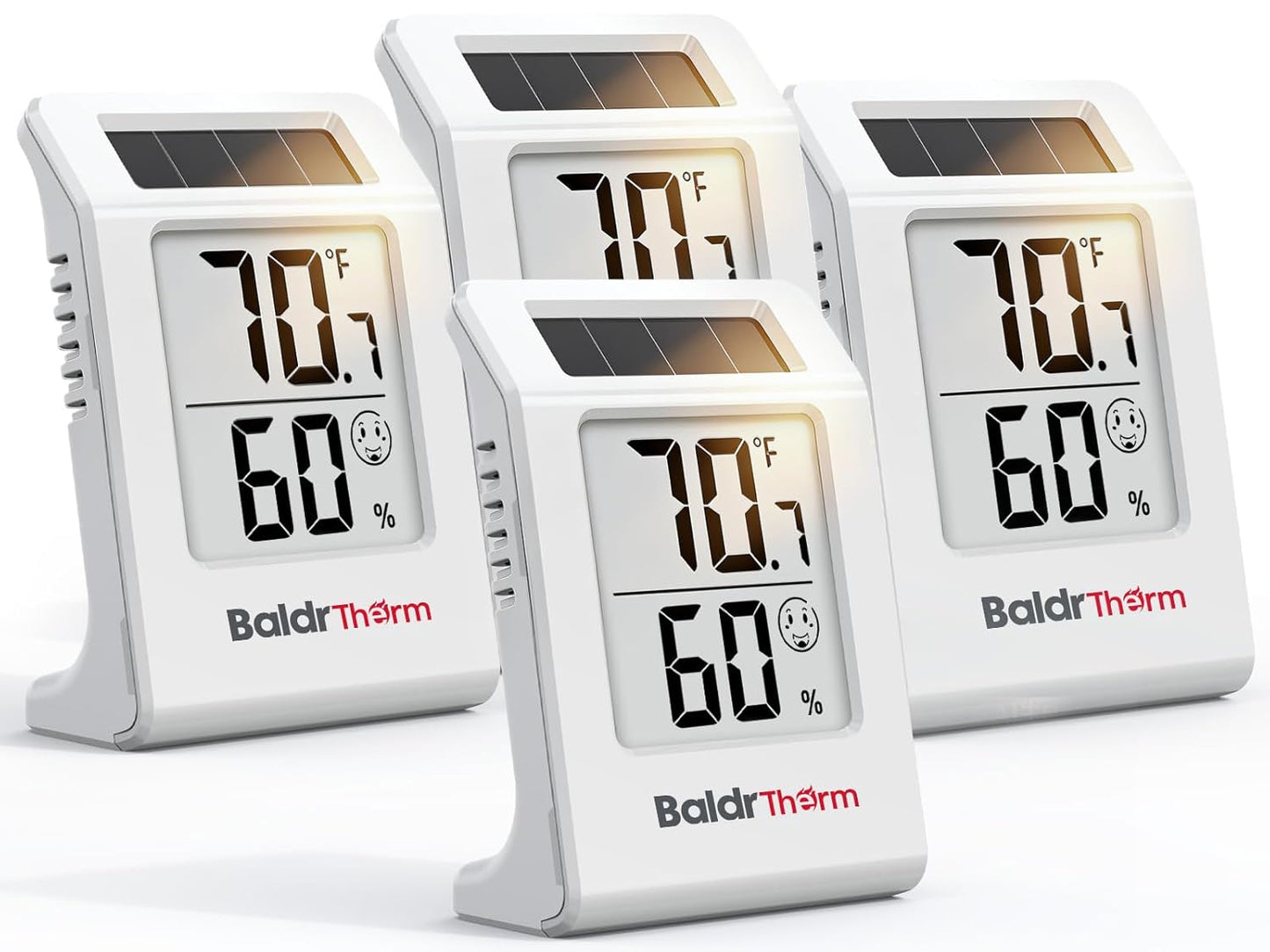 BALDR 4-Pack Digital Hygrometer Thermometer, Solar Power with Battery Backup Temperature and Humidity Monitor, Mini Room Thermometer with Comfort Indicator (White)