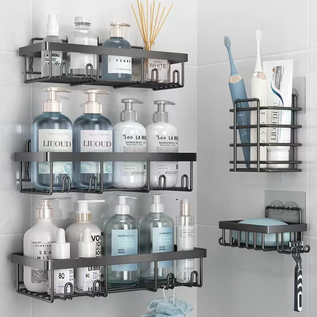 Liuoud 5 Pack Shower Caddy Organizer Rack Shelf for Inside Shower, Self Adhesive Bathroom Wall Storage Basket Rustproof Stainless Steel Large Capacity Shampoo Holder, Dark Grey