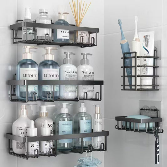 Liuoud 5 Pack Shower Caddy Organizer Rack Shelf for Inside Shower, Self Adhesive Bathroom Wall Storage Basket Rustproof Stainless Steel Large Capacity Shampoo Holder, Dark Grey