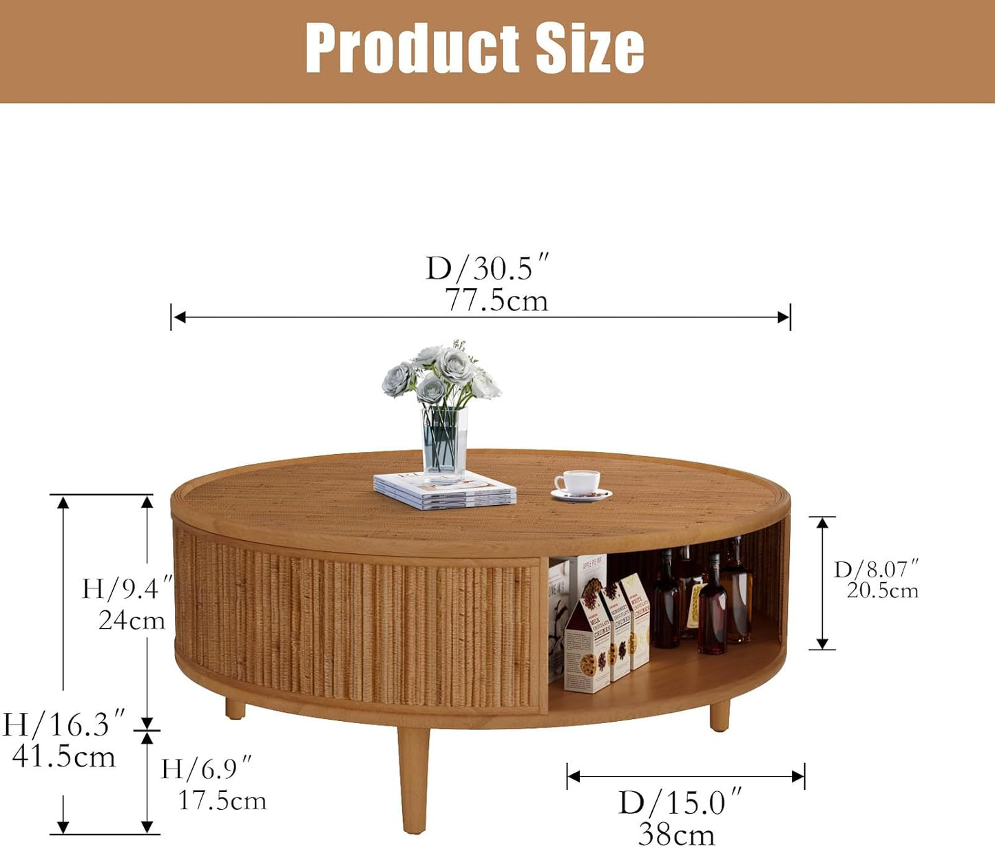 30.5" Bamboo Weaving Round Coffee Table with Storage（Light Brown） | Solid Wood Legs, Boho Accent Center Table for Living Room, Bedroom Apartment