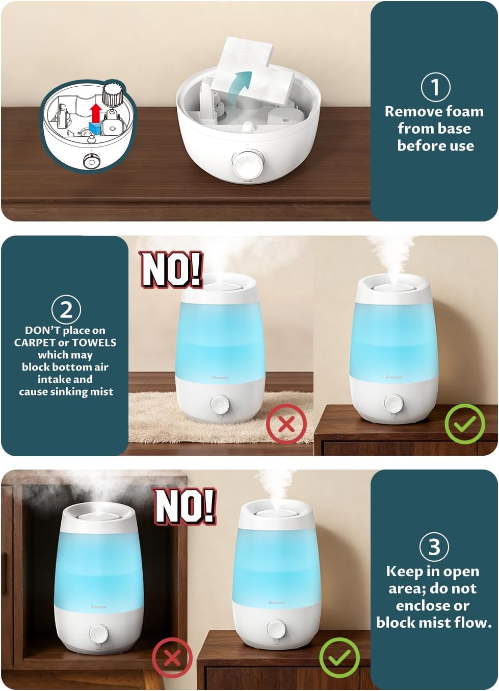 BREEZOME 2.5L Top Fill Humidifiers for Bedroom, 250ml/h Mist Output, 25hrs Humidifiers for Home, 7 Adjustable LED, Essential Oil Diffuser, 25dB Ultrasonic Humidifier for Baby and Indoor Plants, White