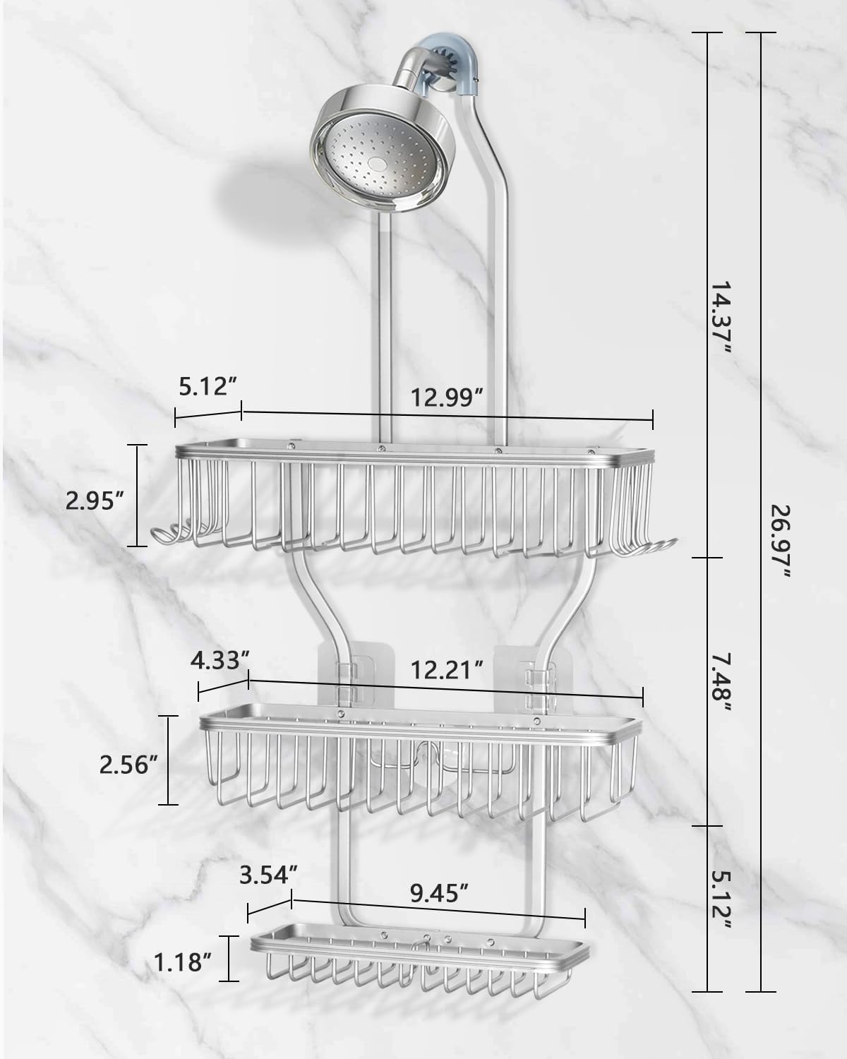 Shower Caddy Hanging - Never Rust Shower Hanging Organizer - Aluminum Over the ShowerHead Caddy with 6 Hooks for Razor/Sponge (Silver)
