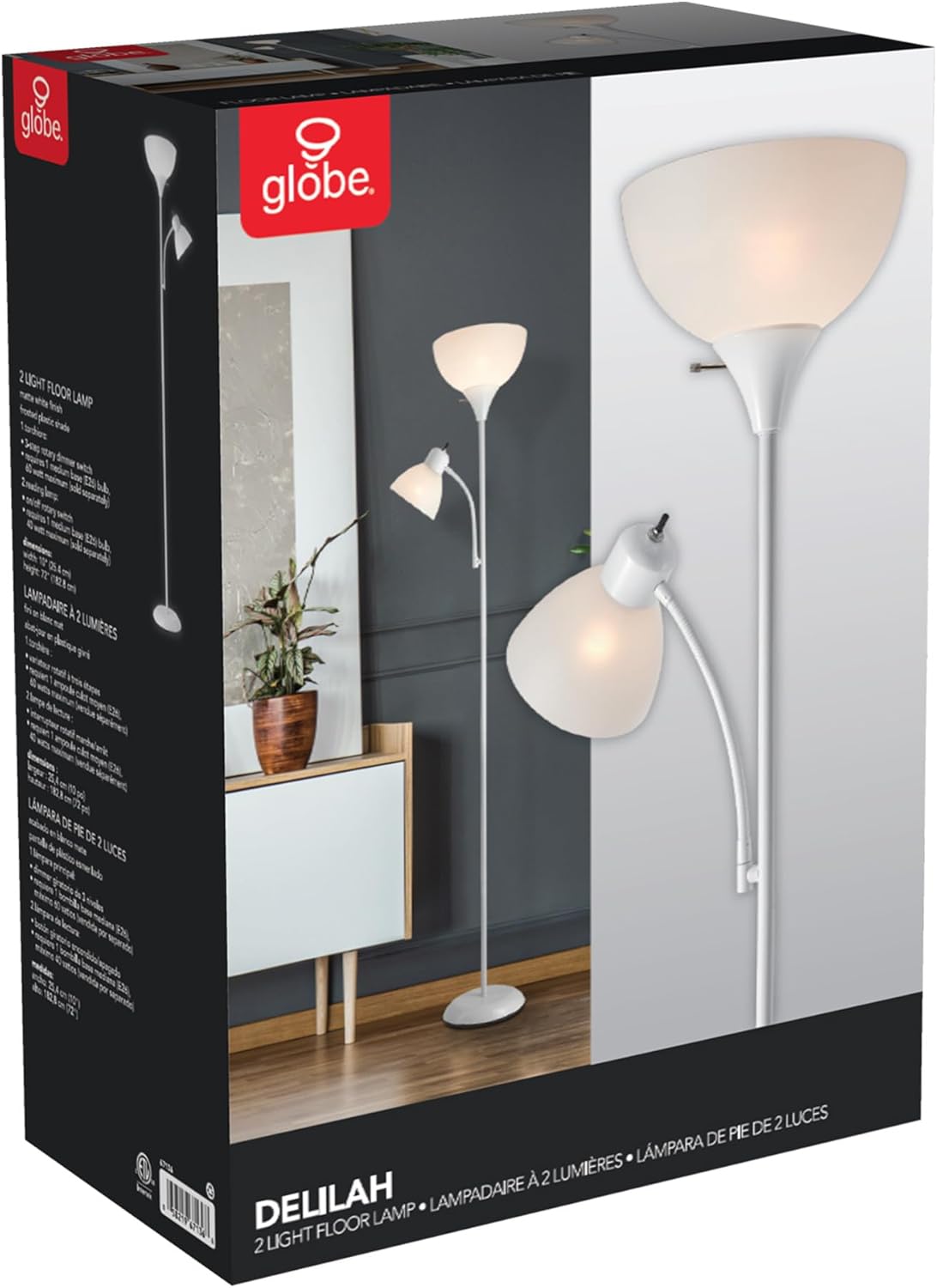 Globe Electric 67136 72" Torchiere Floor Lamp with Adjustable Reading Light, Matte White Finish, Frosted Shades, Rotary Switch on Socket, E26 Base