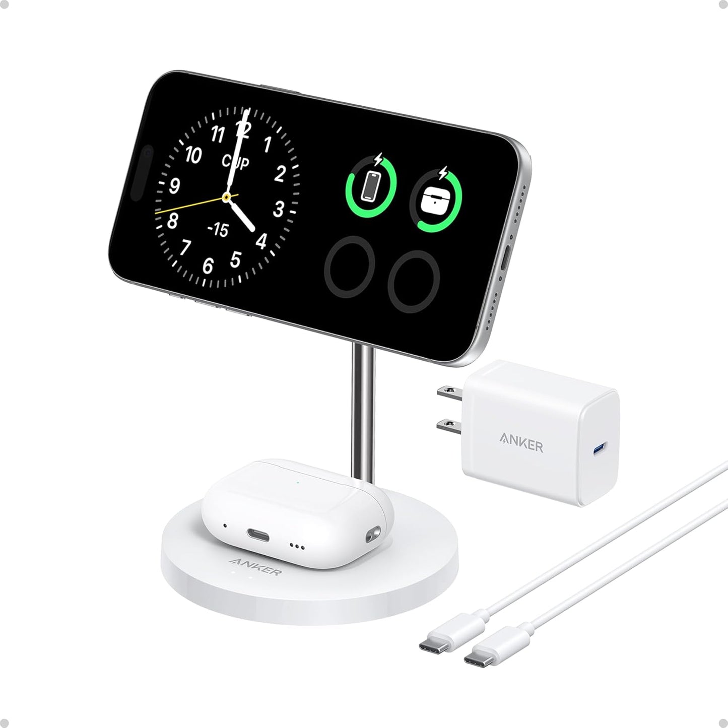 Anker MagSafe Compatible MagGo Charger Stand, iPhone 17 Wireless Charger, 2-in-1 Charging Station, Qi2 Certified 15W Fast Charging, for iPhone 17/16/15/14/13/12, AirPods Pro (Black, No Adapter)