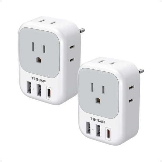 TESSAN 2 Pack European Travel Plug Adapter, Europe Power Converter 4 Outlets 3 USB(1 USB C PD 20W), Type C International Adaptor to Italy Spain France Portugal Iceland Germany, EU Travel Essentials