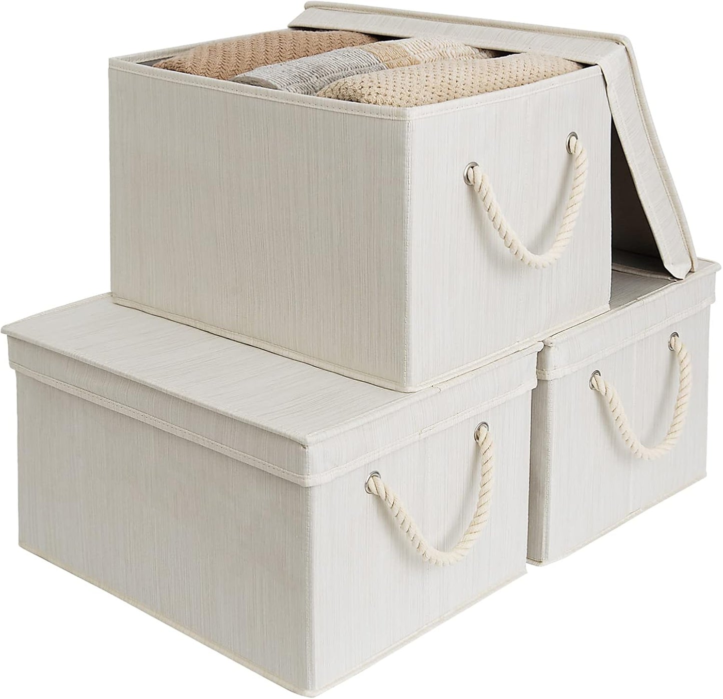 StorageWorks Storage Bins with Lids, Fabric Boxes for Closet, Slub White