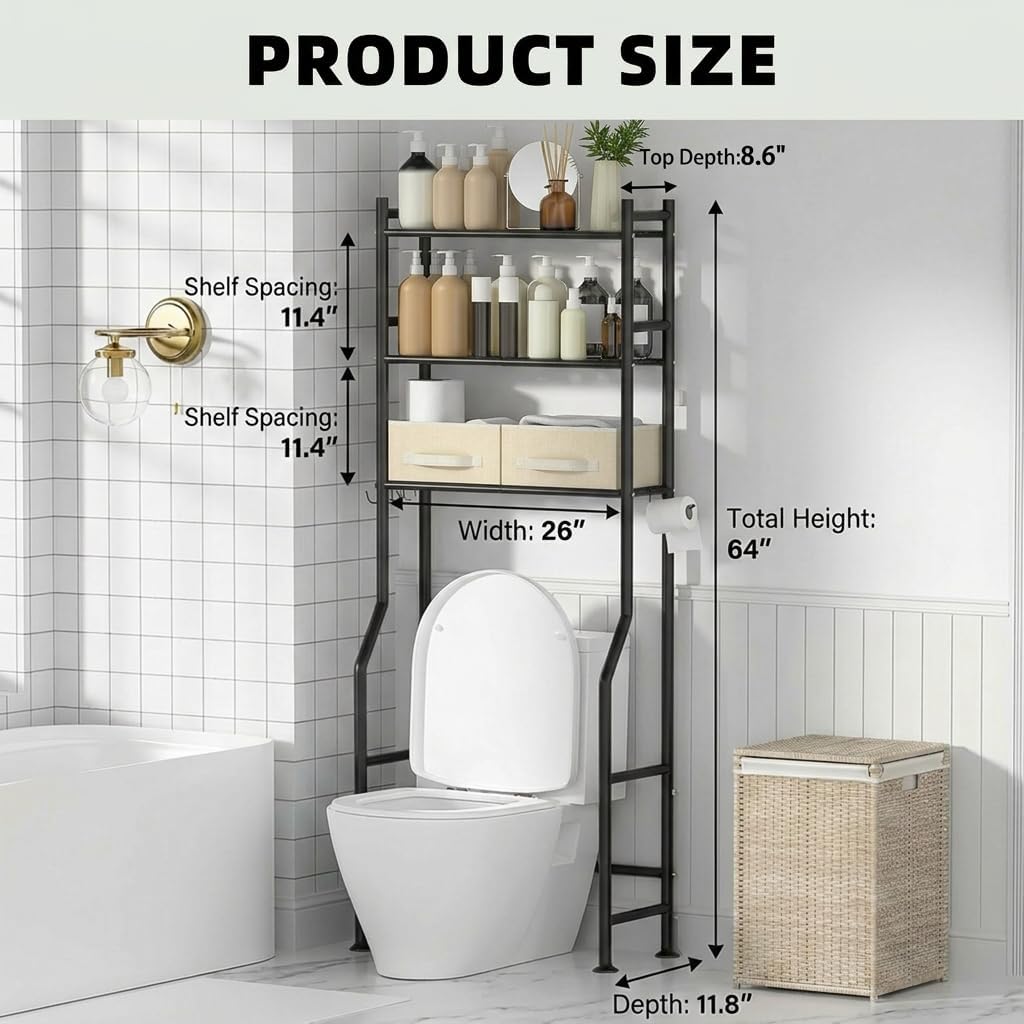 GloTika 3-Tier Over Toilet Storage with 2 Basket & Anti-Tilt System - 150lb Total Capacity Metal Bathroom Shelves Including Paper Holder & 4 Hooks, Space Saving Above Commode Organizer (64" H, Black)