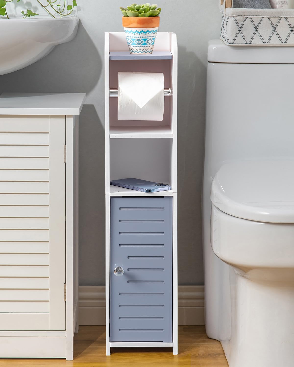 AOJEZOR Toilet Paper Holder Stand: No Drill PVC Small Bathroom Cabinet for Apartment Dwellers - Rental Deposit Protection - Small Space Storage Saving
