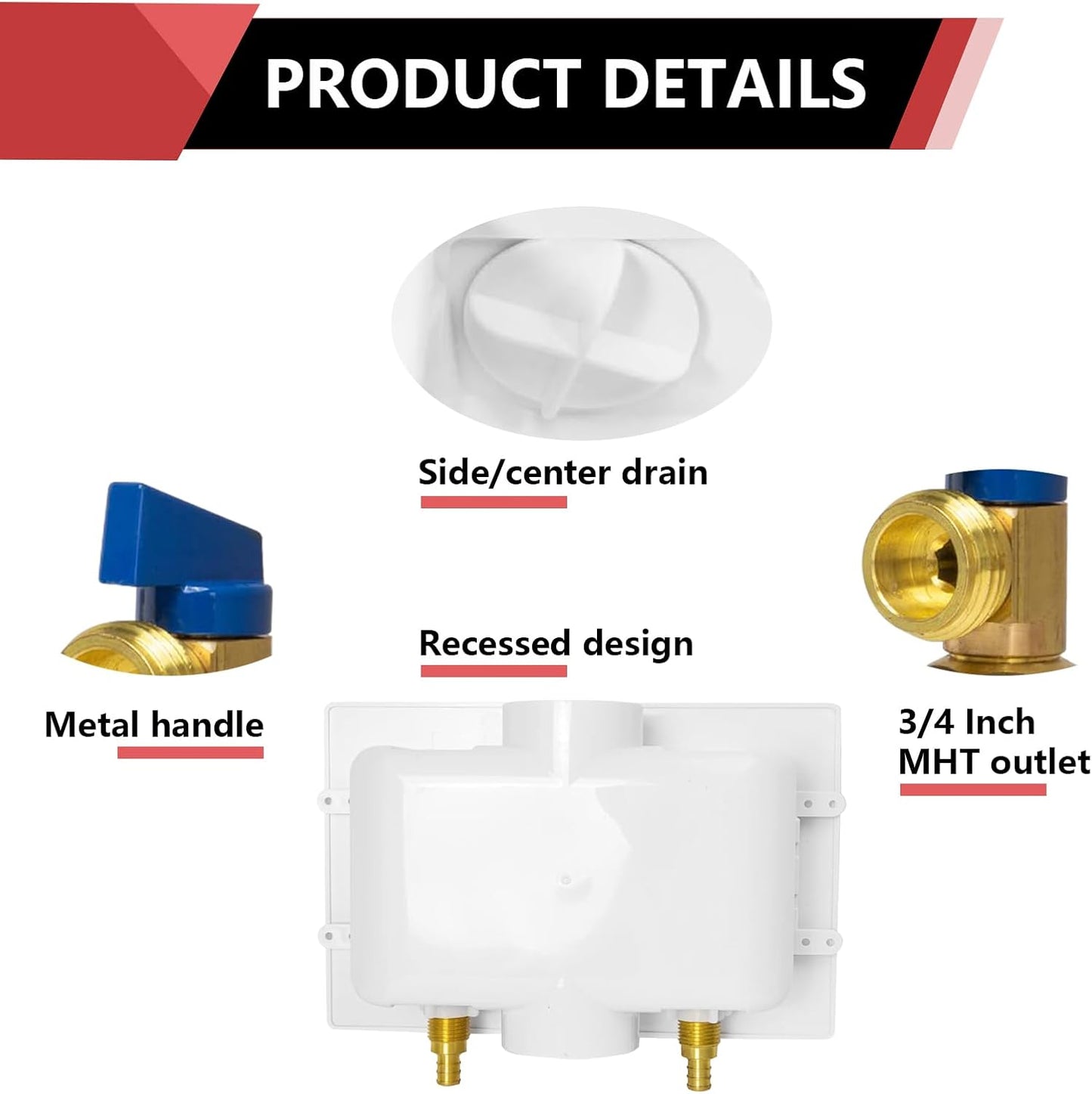 EFIELD Premium Washing Machine (Laundry) Outlet Box with Center Drain, 1/2 inch Sweat MIP x 3/4 inch MHT Connection, White (Standard),(WM029)