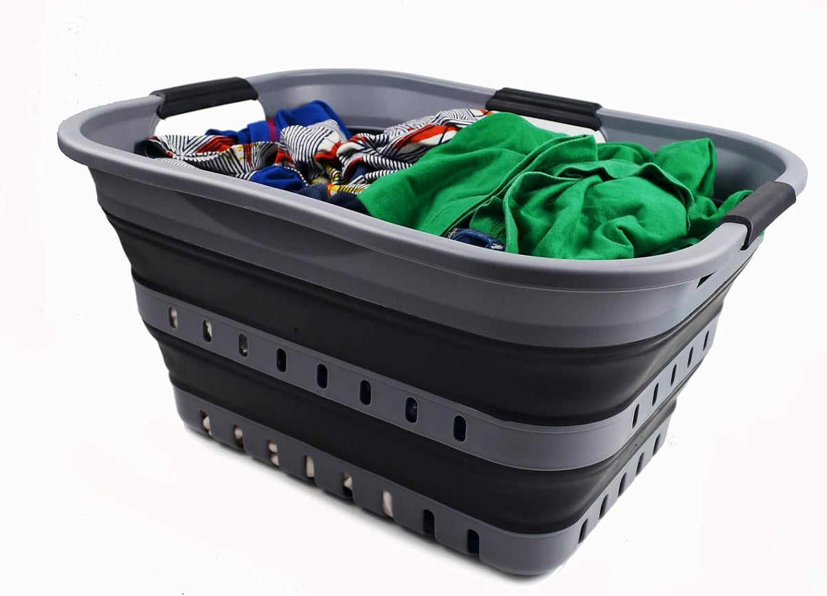 SAMMART 30L (8 Gallon) Collapsible 3 Handled Plastic Laundry Basket - Foldable Pop Up Storage Container/Organizer - Space Saving Hamper/Basket (Grey/Black)