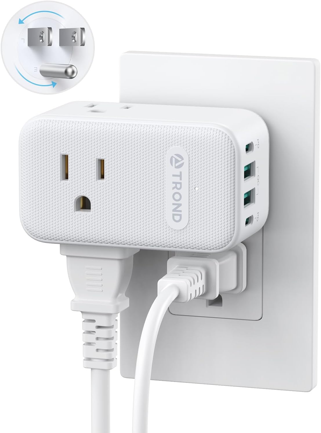 TROND Outlet Extender with 2 PD 20W USB C Charger, 3 AC Multi Plug Outlet Splitter with 360 Rotating Plug, USB Wall Socket Adapter, A Small Charging Station for Kitchen Bathroom Cruise Essentials