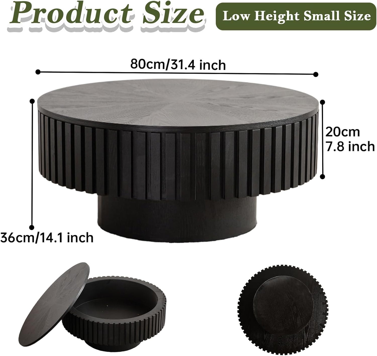 31 inch Black Round Fluted Coffee Table with Storage (B, 1PC) | Mid Century Modern Style, Low Circle Drum Center Table with Flip-Top, Wood Fluted Stripe, For Living Room, For Small Space