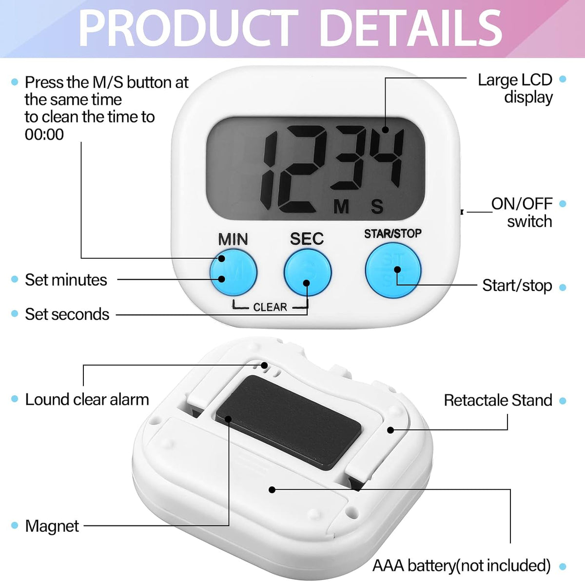 Weewooday 24 Pcs Digital Kitchen Timer Magnetic Timer Bulk On/Off Switch Minute Second Count up Countdown Loud Alarm for Exercise Cook Baking (Classic Color)