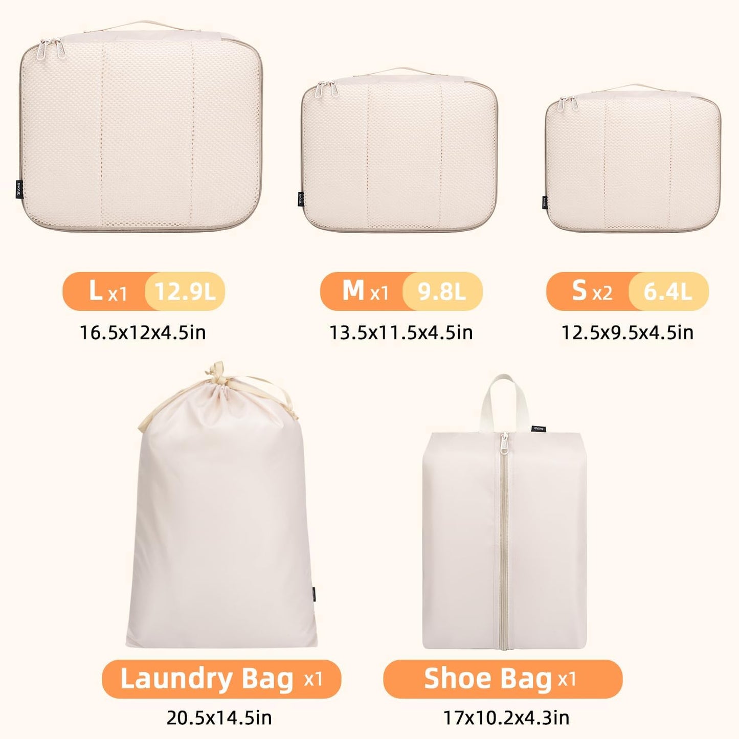 BAGAIL 6 Set Packing Cubes Luggage Packing Organizers for Travel Accessories-Beige