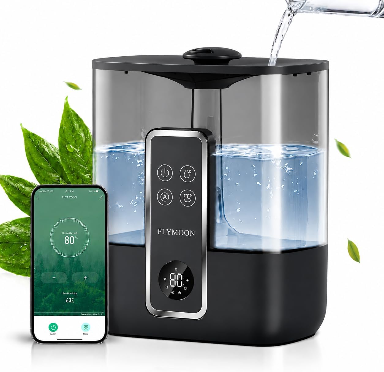 FLYMOON Humidifier for Bedroom, Top Fill 5L Cool Mist Humidifiers with 28dB, Smart Humidifier for Large Room, Plants, Auto-Off, 12H Timer, 50 Hour Runtime,Tuya App Control, Black