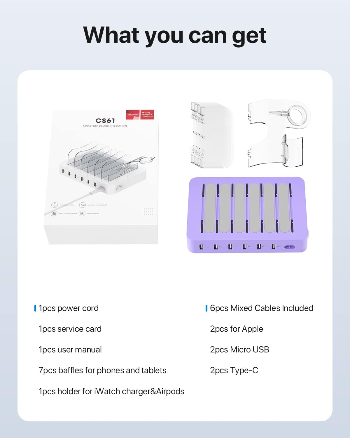 SooPii Premium 6-Port USB Charging Station Organizer for Multiple Devices | Included 6 Short Charging Cables and One Upgraded i-Watch Charger Holder for Phones,Tablets and Other Electronics, Purple
