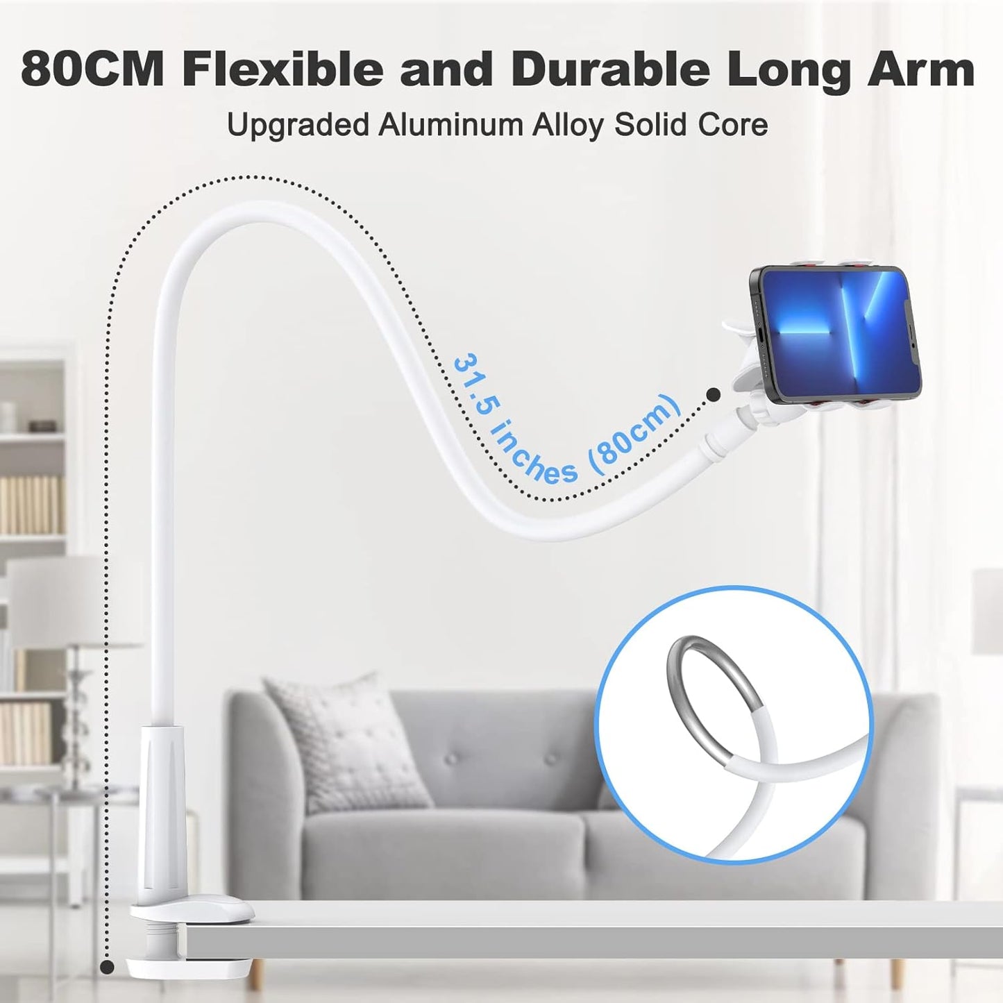 Gooseneck Cell Phone Holder, Universal 360 Flexible Phone Stand Lazy Bracket Mount Long Arms Clamp for Phone 13 Pro Xs Max XR X 8 7 6 6s Plus and Other 3.5~6.7'' Device (White)…