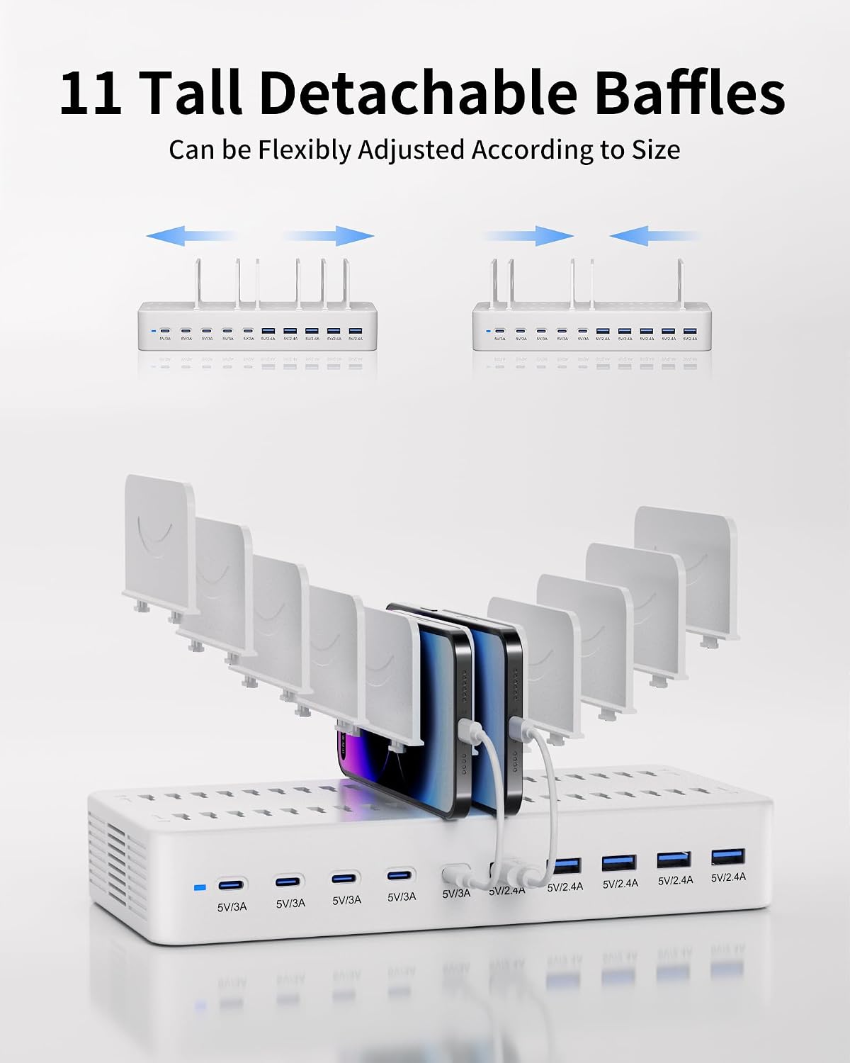 100W Charging Station for Multiple Devices, 10-Port USB Fast Charger, White | with Adjustable Dividers & 10 Cables- Multi Device Organizer Charging Dock for iPhone, iPad, Tablets & More