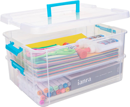 TERGOO 2 Layer Plastic Storage Containers with Lids, Multipurpose Clear Stack & Carry Box, Portable Craft Organizers and Storage Bin for Organizing Art & Craft, Sewing, Makeup, Nail Supplies (Blue)