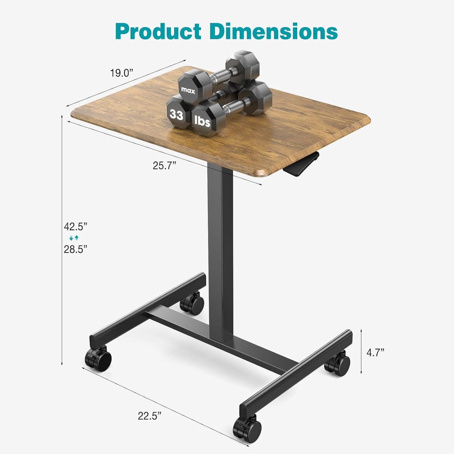 DUMOS Small Standing Desk Mobile Portable Rolling Laptop PC Table on Wheels Adjustable Height Computer Workstation for Home Office, 19 Inch, Modern Brown