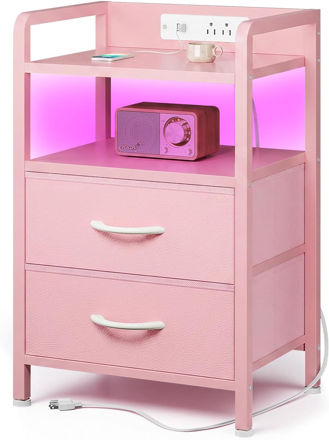 Lazzanto Night Stand Bedside Table Bedroom - White Nightstand with Charging Station & LED Light Strip, Morden Bed Side End Table with Storage Shelf & 2 Fabric Drawers, U-S-B Ports & AC Outlets