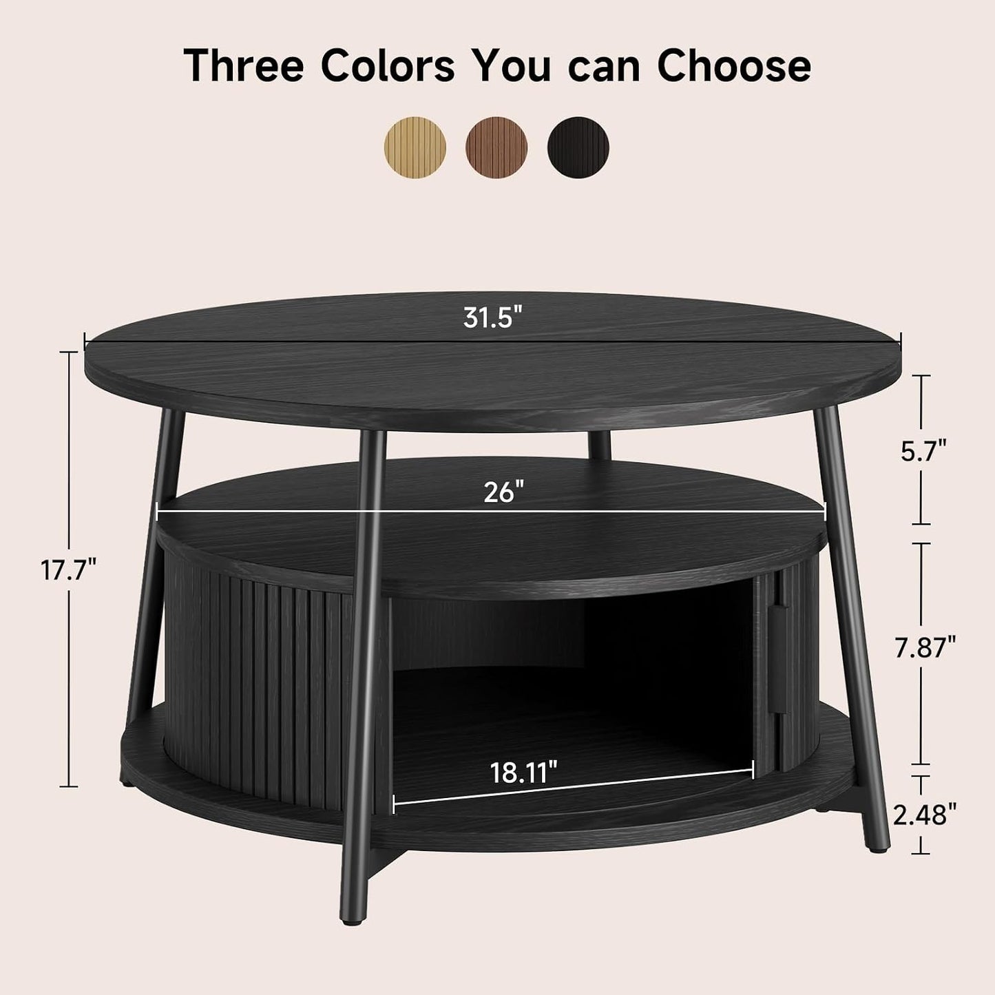 ONBRILL 31.5" Round Coffee Table with Storage and 2 Tiers, Black | Mid-Century Modern Center Table with 2 Sliding Doors and Adjustable Footpad for Living Room
