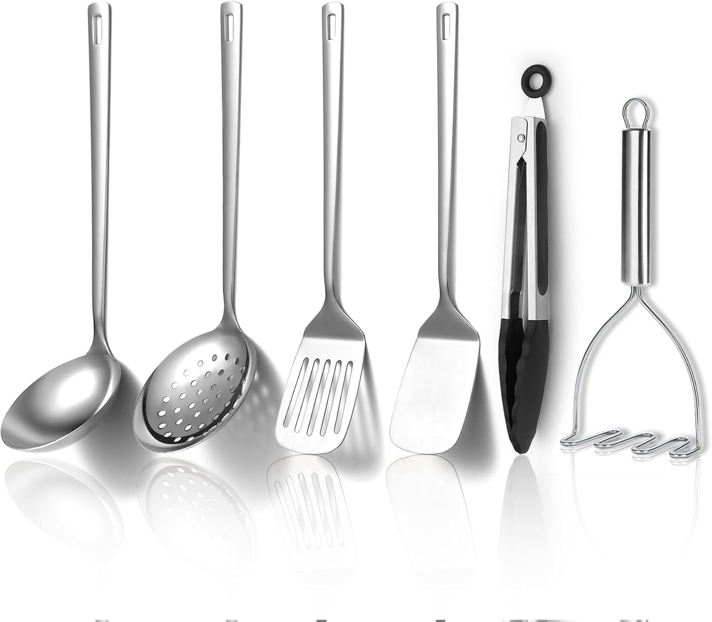 Kyraton Stainless Steel Kitchen Utensils Set 6 Pieces, Cooking Utensil Set Include Metal Spatula Sets, Skimmer, Ladle, Tongs, Potato Masher, Dishwasher Safe
