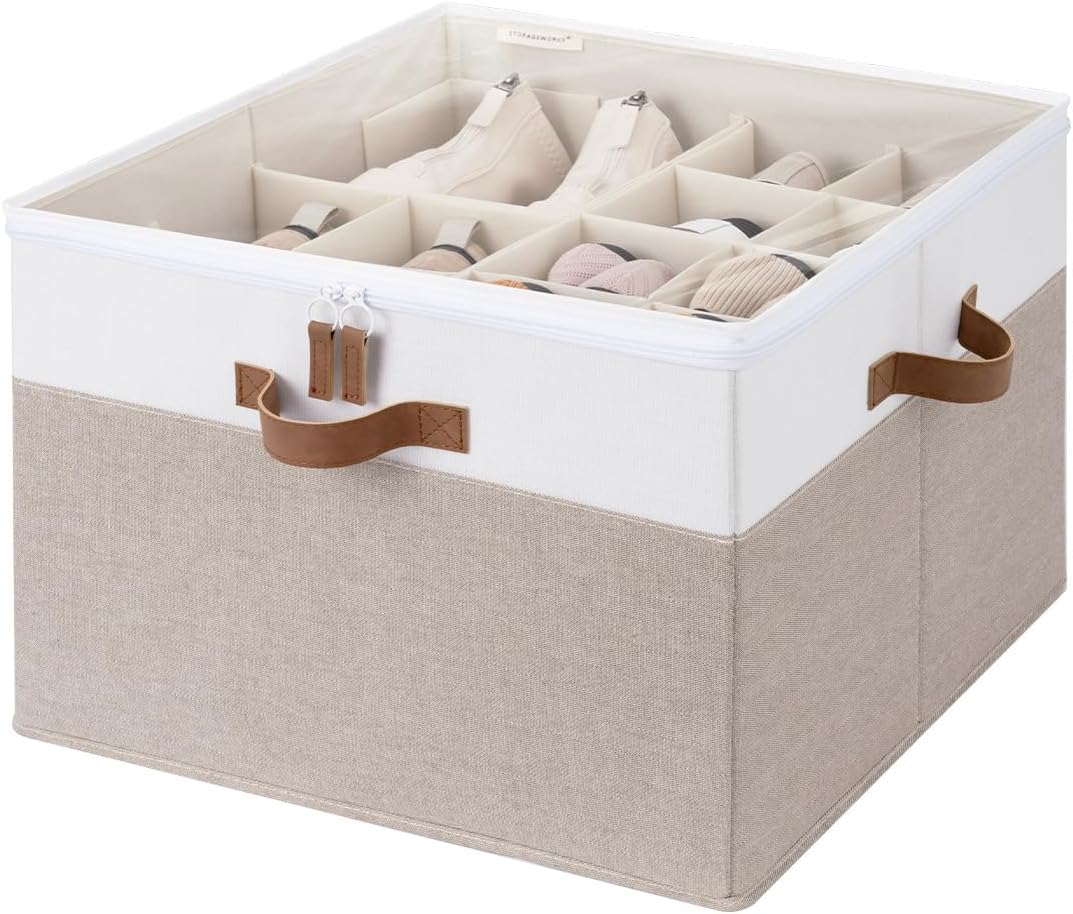 StorageWorks 16-Pair Fabric Shoe Storage Box for Closet, Brown and White