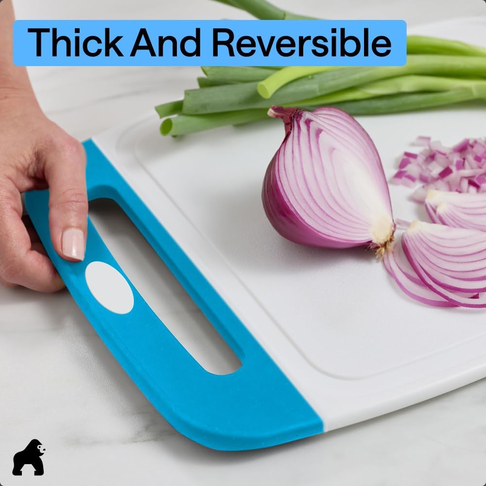 GORILLA GRIP BPA-Free Reversible Kitchen Cutting Board Set of 3, US Designed, Nonporous, Juice Grooves Catch Liquid, Slip Resistant Border, Dishwasher Safe, Durable Large Food Chopping Boards, Aqua
