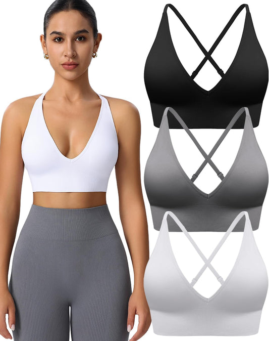 Women's V Neck Sports Bras, Adjustable Seamless Wireless Padded Bralettes