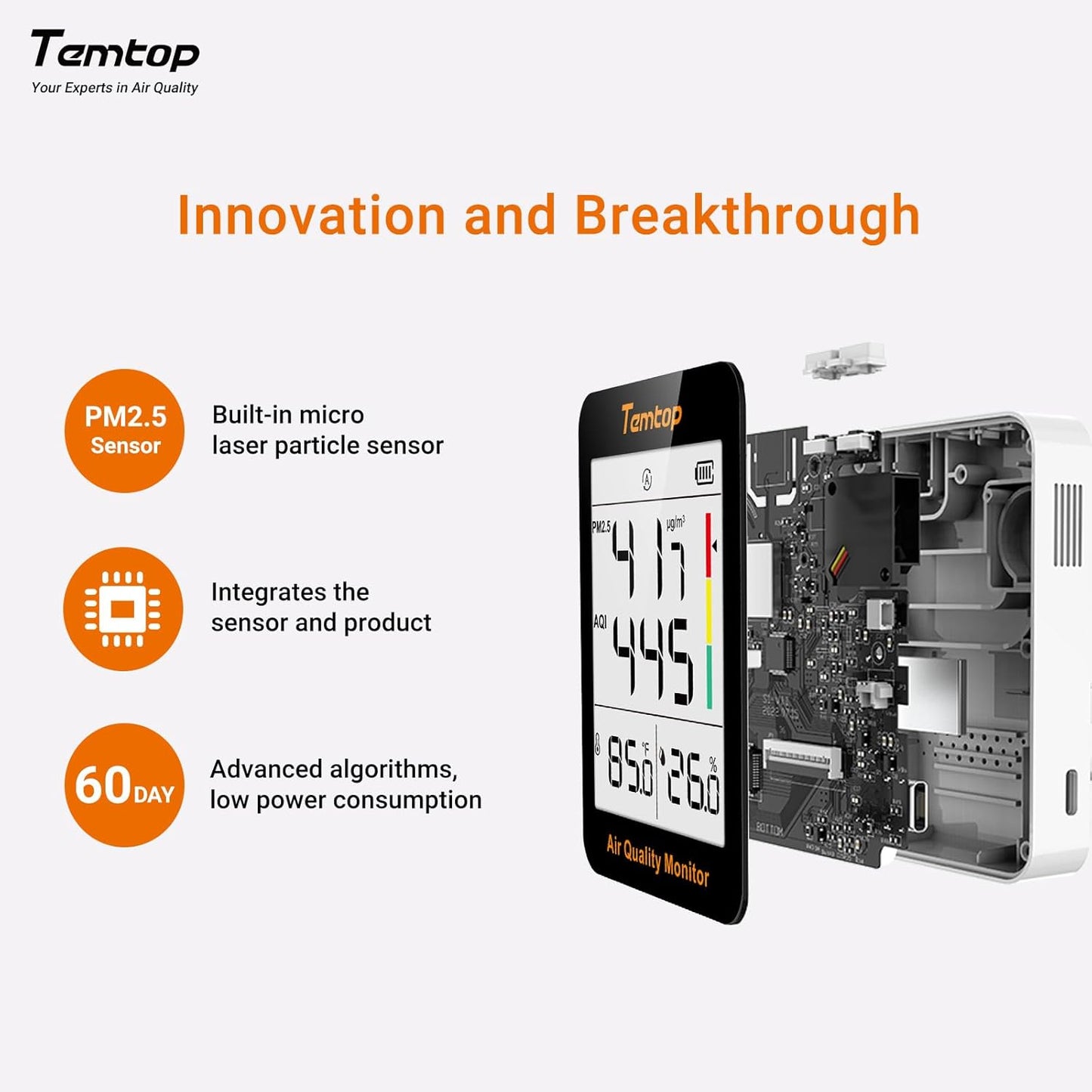 Temtop Air Quality Monitor with Indoor Thermometer & Thermo-Hygrometer – PM2.5, AQI, Temperature and Humidity Meter for Home, Office, Nursery, School, 60-Day Battery Life