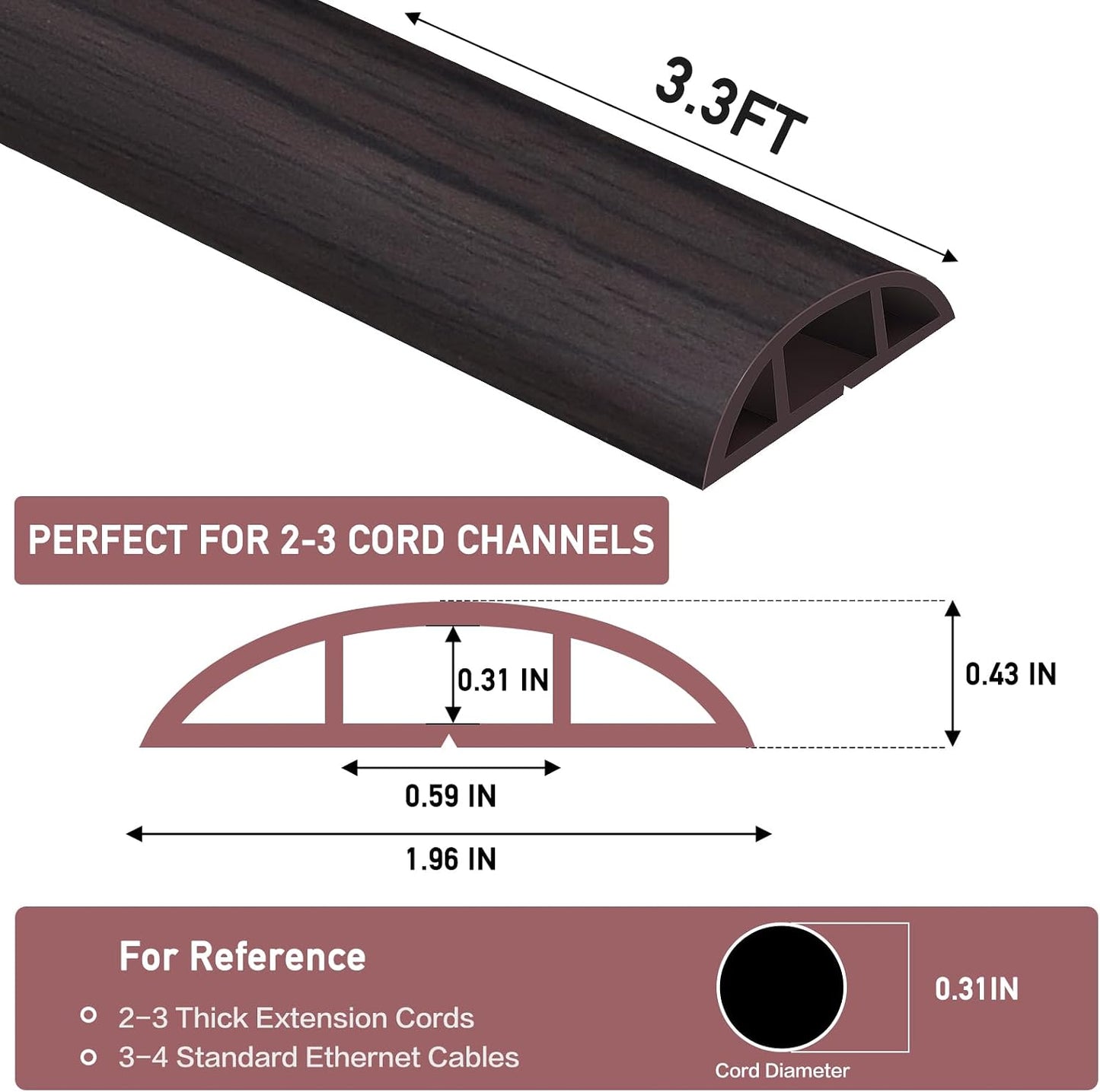 LSGCQ Floor Cord Cover Self Adhesive Cord Hider Floor Cable Management | Cord Covers for Wires on Floor Cable Cover, Prevent Cable Trips, Cable Cavity 0.59" W x 0.31" H, 3.3Ft, Dark Walnut