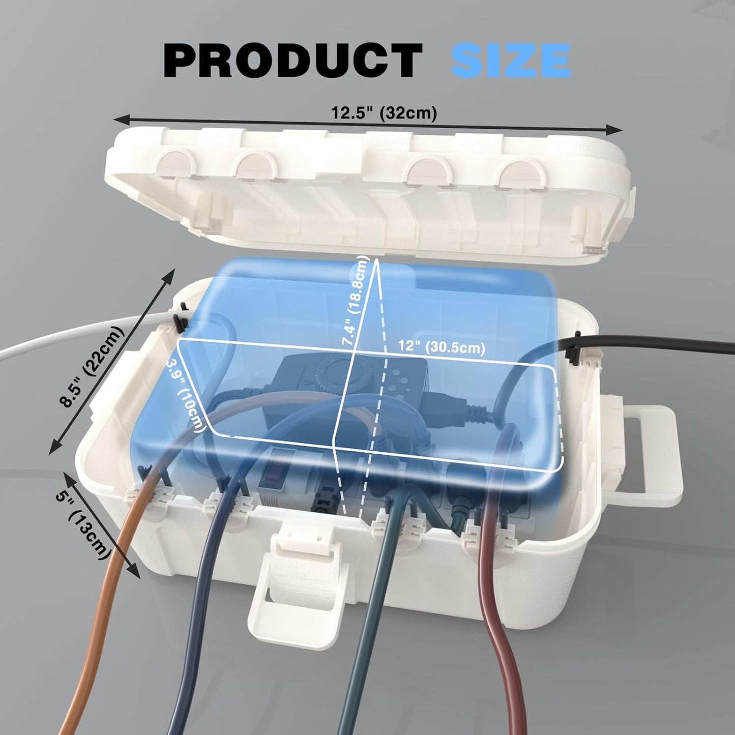 Flemoon Large Outdoor Electrical Box, Waterproof Extension Cord Cover | Inner Size 12 x 7.4 x 3.9 Inch, 6 Cable Entry Ports, IP54 Weatherproof Connection Box for Outlet, Timer, Holiday Light, White