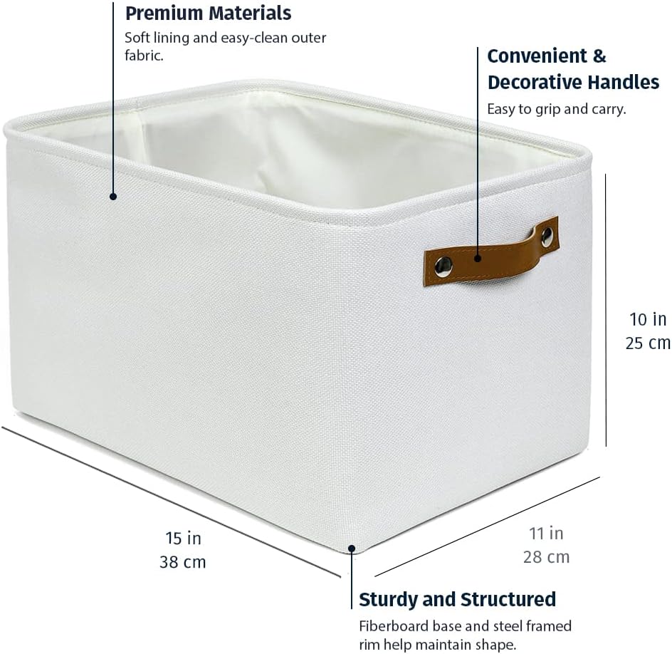 OrganiHaus 15x11in Canvas Storage Baskets 3 Pack | LARGE Fabric Bins for Shelves | Closet & Bedroom Storage | Full Off-White