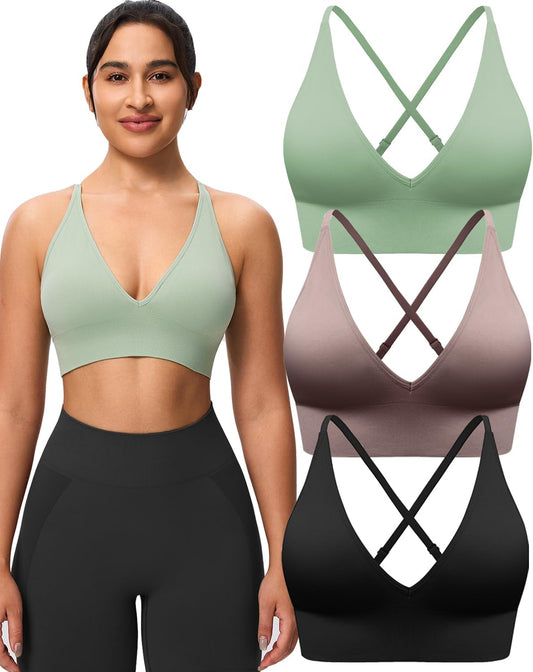 Women's V Neck Sports Bras, Adjustable Seamless Wireless Padded Bralettes