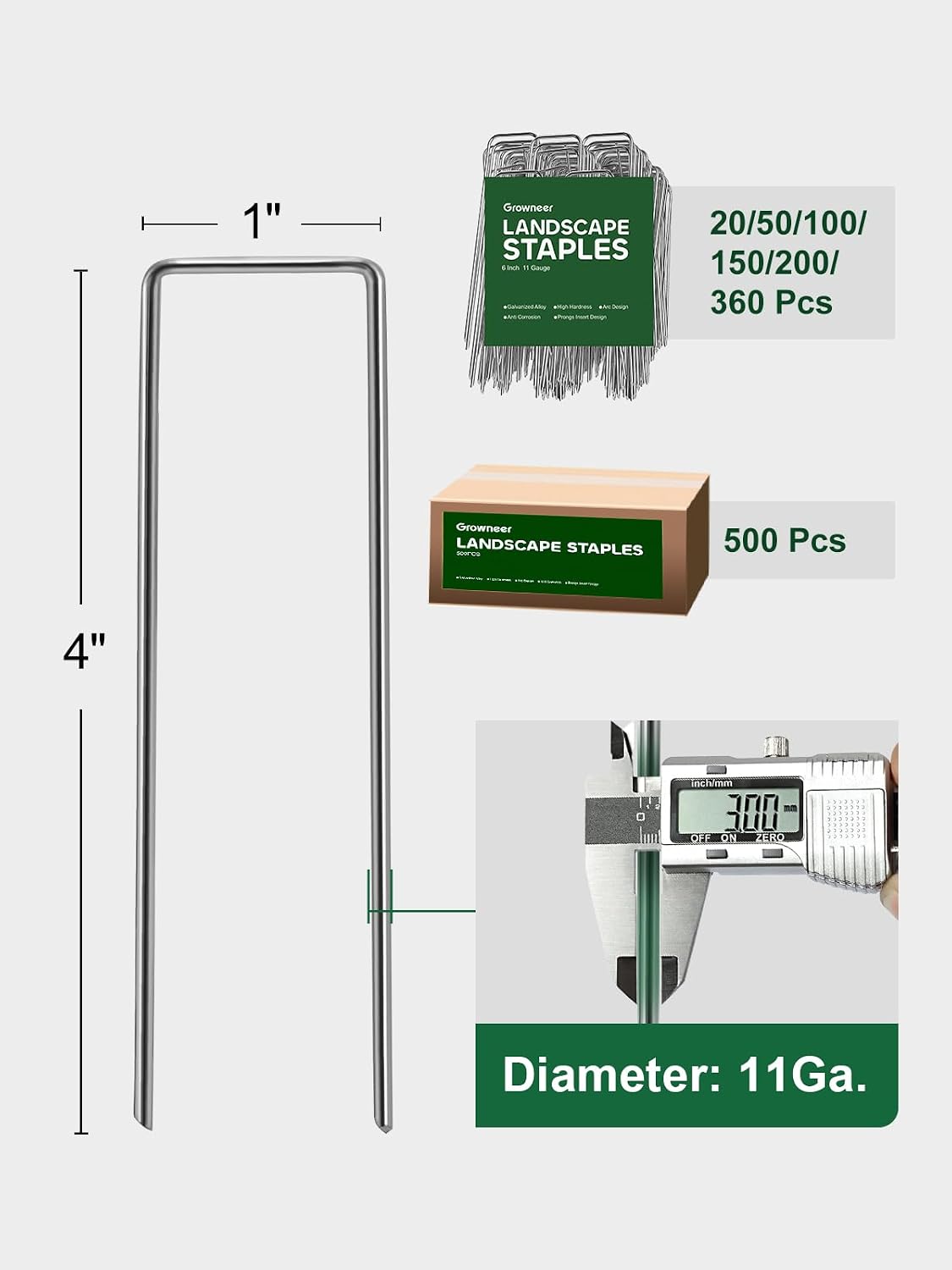 GROWNEER Landscape Staples 4 Inch, 100 Pack 11 Gauge Garden Pins Holds Ground Cover, Secures Turf Edges, Galvanized Steel Lawn Stakes for Small Yard Projects