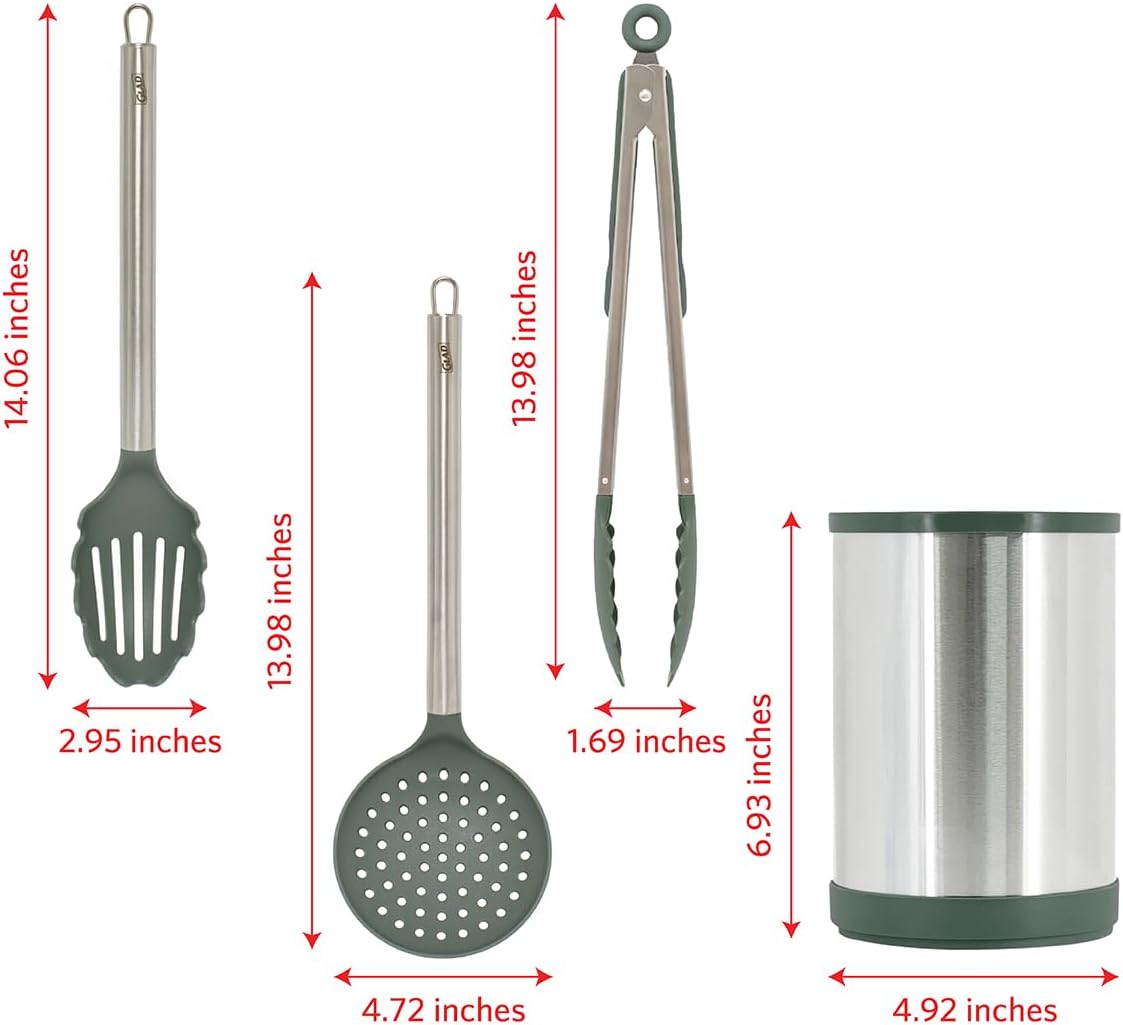 Glad Kitchen Utensils Set, 8pcs - Nonstick Cooking Tools with Stainless Steel Handles & Rotating Utensil Holder - Turners, Ladle, Spoon, Tongs, Spaghetti Server, and Skimmer - Dishwasher Safe, Green