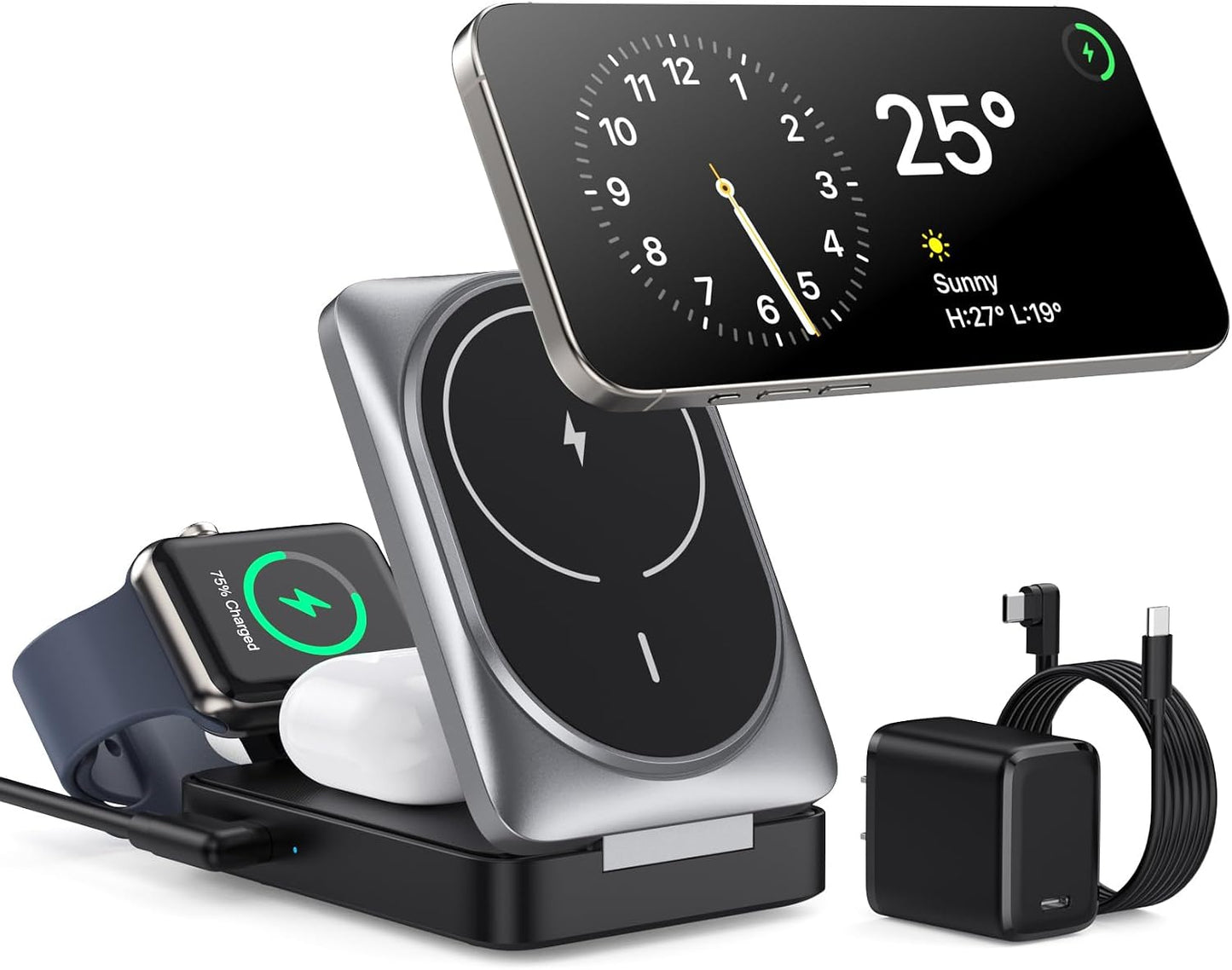 3 in 1 Wireless Charger Charging Station for iPhone,Travel Foldable Magnetic 15W Fast Wireless Charger Stand for Mag-Safe with 30W USB C Adapter for iPhone 17/16/15/14/13/12,Apple Watch,AirPods