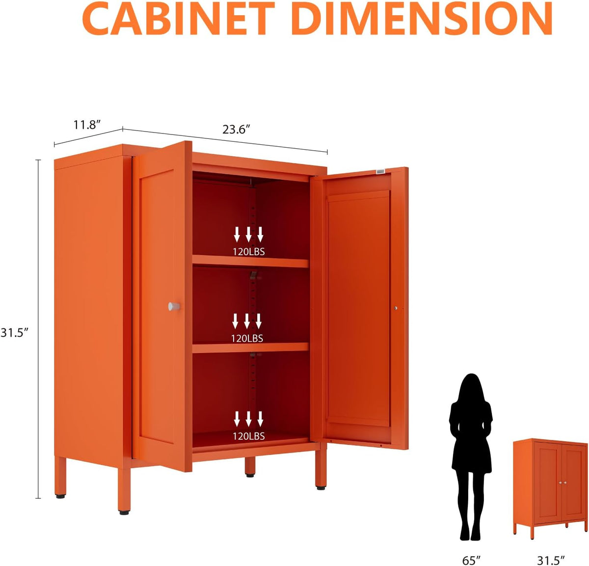 Metal Bathroom Cabinet, Small Floor Storage Cabinet, Freestanding Sideboard with 2 Adjustable Shelves for Living Room, Dining Room (Orange, 31.5" H-2 Doors)