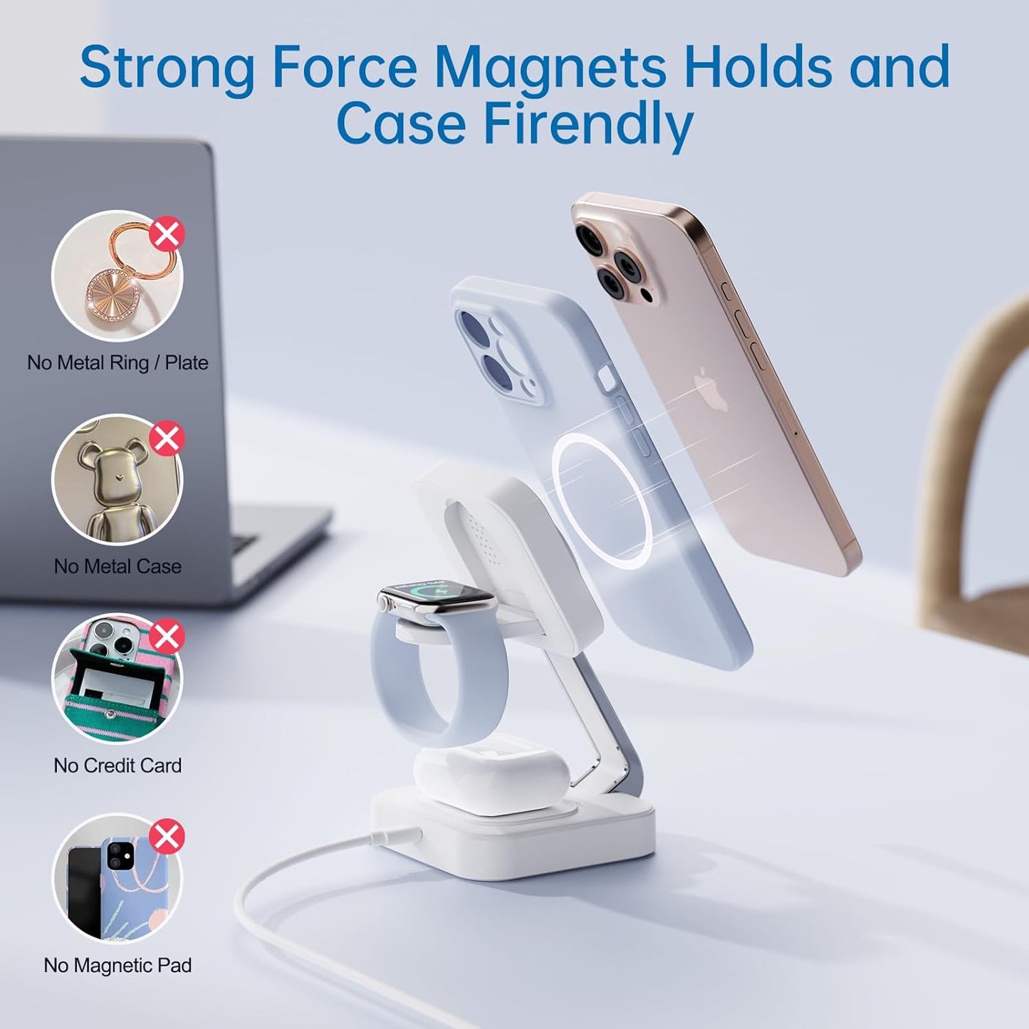 RYND 2026 Traveling Wireless Mag-Safe Fast Charging Station,Magnetic 3 in 1 Charger with iPhone 17 16 15 14 13 12 Pro Max Plus,Apple Watch Series & Air pods 4 3 2 Pro-Gifts for Wife & Husband(White)