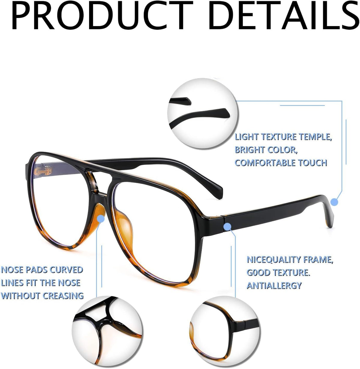 FEISEDY 70s Aviator Glasses Frame Blue Light Blocking Glasses Oversized Square Computer Glasses Women Men B2888