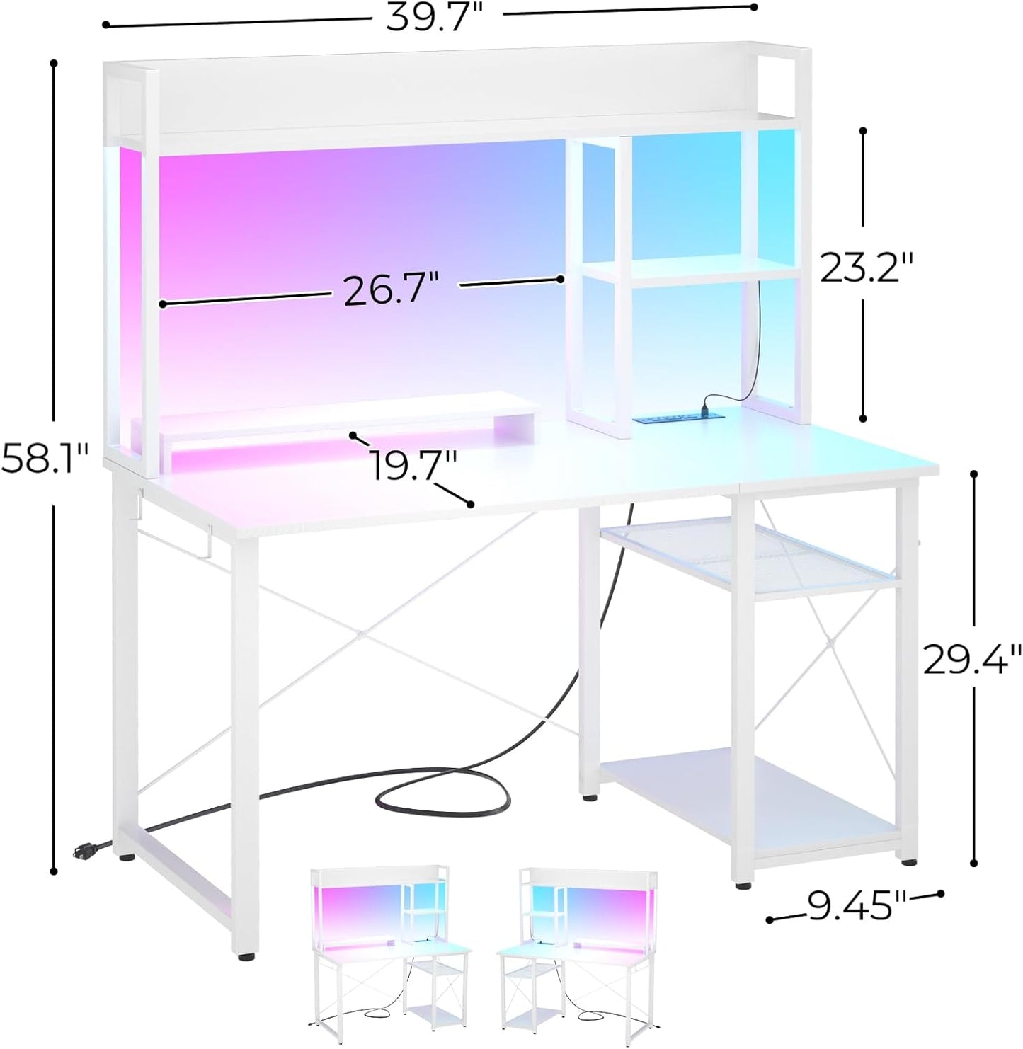 Cyclysio Gaming Desk with Hutch, 39'' Computer Desk with LED Lights & Power Outlets, Home Office Desk with Reversible 5 Tiers Storage Shelves & Monitor Stand, Small Gaming Table for Small Space, White
