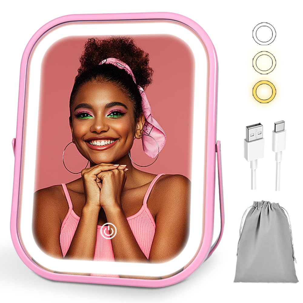 YEKKOPT Lighted Vanity Mirror, Rechargeable Travel Makeup Mirror with Lights, 8''x6'' Desk Mirror with Lights,Make up Mirror with Lighting for Makeup Desk ＆ Dressing Room