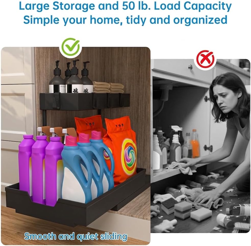 NATURE'S SOURCE 2 Pack Under Sink Organizer 2 Tier Sliding Cabinet Organizers Multi-Purpose Sink Storage Basket L-Shape Narrow Space Storage Shelves with 4 Hook for Kitchen Bathroom Drawer, Black