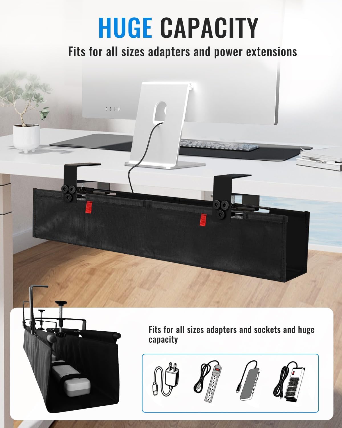No Drill Under Desk Cable Management Tray, Cord Organizer for Table 36" | Upgraded Oxford Fabric, Cable Loop, for Home, for Office