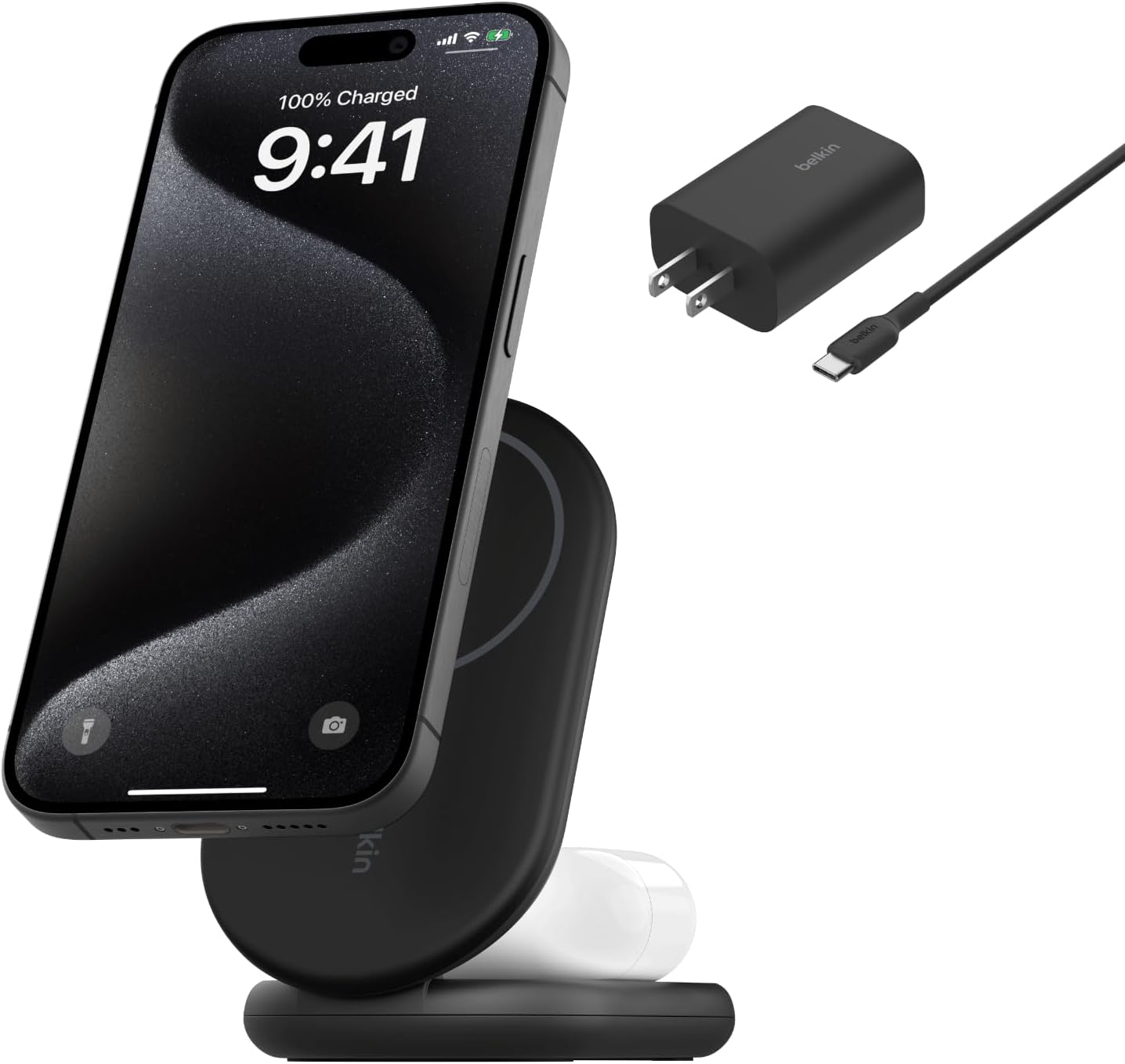 Belkin Qi2 15W Magnetic Wireless Charger, 2 in 1 Foldable, Non-Slip | MagSafe compatible, iPhone 16, Apple Watch, Samsung Galaxy S25 compatible, power adapter included