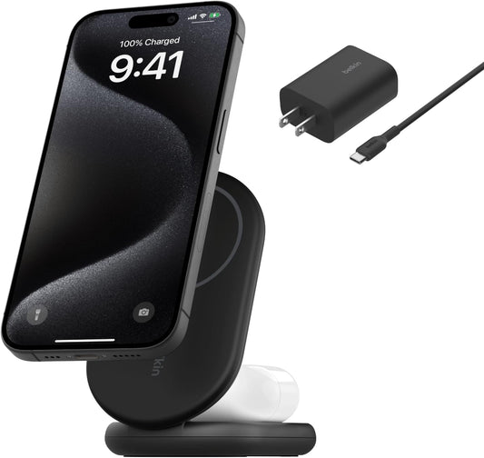 Belkin Qi2 15W Magnetic Wireless Charger, 2 in 1 Foldable, Non-Slip | MagSafe compatible, iPhone 16, Apple Watch, Samsung Galaxy S25 compatible, power adapter included