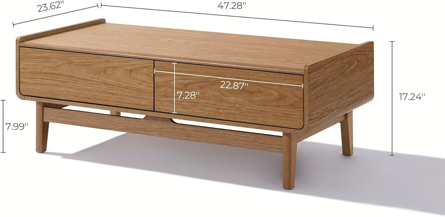 LuxenHome 47" Coffee Table with Storage, Oak Center Table for Living Room | Summer Oak Mid-Century Design, Round Edge Space-Saving Rectangular Top, Tapered Legs, Versatile Home Office Use