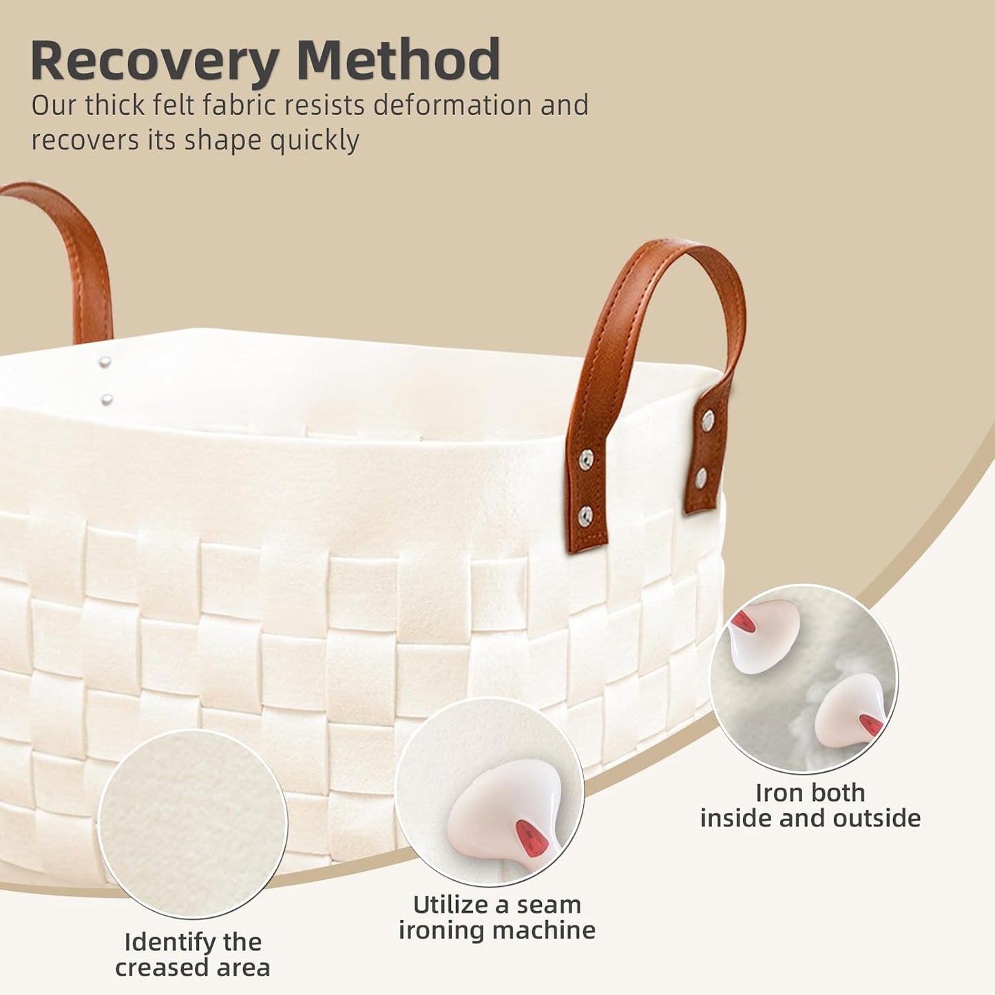 boldmonkey Blankets Basket 16.5 " x13 x13 , Large Rectangular Laundry Hamper with Leather Handle, Soft Dog Toy Basket for Storage-Beige