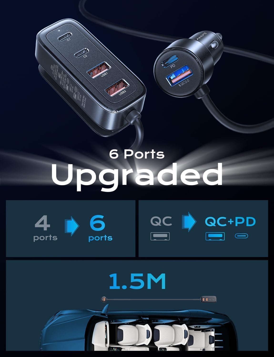 AINOPE 108W Multiple Ports Car Charger, Cigarette Lighter USB Charger, PD&QC Car Charger Adapter, Cigarette Lighter Adapter Fast Charging for iPhone 17[+5FT Cable], 12V Road Trip Essentials for Kids